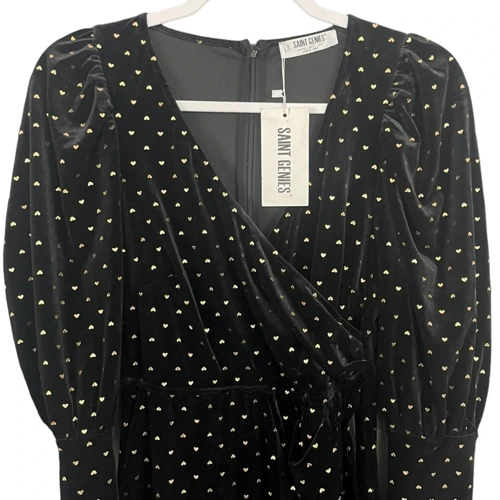 Saint Genies Heart Print Velvet Faux Wrap Mini Dress Black and Gold NWT - Picture 5 of 14